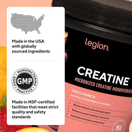 LEGION Micronized Creatine Monohydrate Supplement - Clean Creatine Powder for Muscle Gain & Post Workout Recovery - Micronized Creatine Supplement for Maximum Absorption (100 Servings, Unflavored)