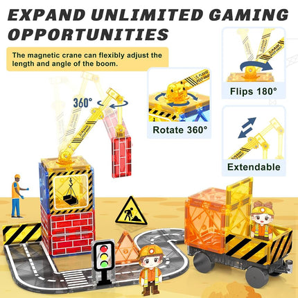 Kids Games Magnetic Tiles Road Set with Extendable Magnetic Crane, City Construction Building Toys for Toddlers STEM Preschool Toys Ages 4-6 5-7, Gifts for 3+ Year Old Boys Girls Kids Toys with Car