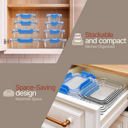 Lot de 16 boîtes de conservation alimentaires en verre borosilicate bleu avec couvercles, qualité alimentaire, sans BPA, empilables, résistantes au micro-ondes, au congélateur et au lave-vaisselle, hermétiques et étanches