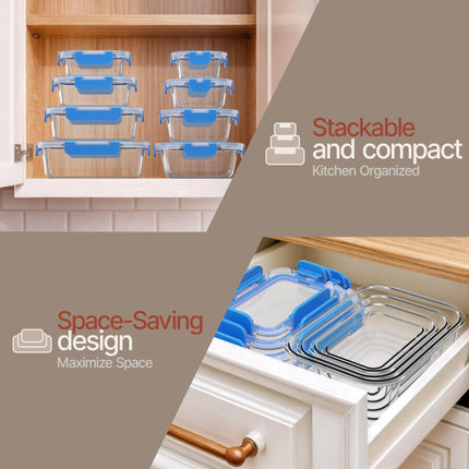 Blue Borosilicate Glass Food Storage Containers with Lids 16 Pieces, Food-grade, BPA-Free Stackable Glass Lunch & Leftover Containers, Microwave, Freezer & Dishwasher Safe, Airtight Leak-Proof