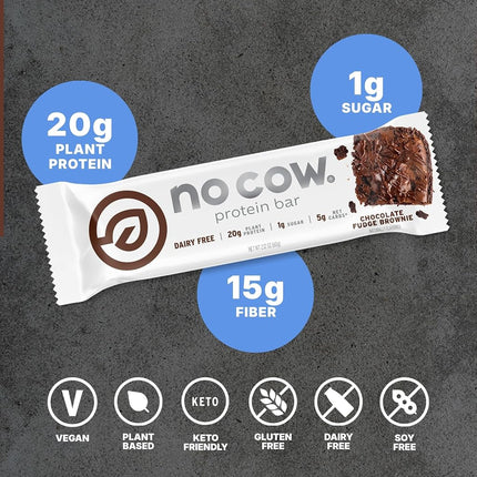 No Cow Protein Bar, Chocolate Fudge Brownie, 21g Plant Based Protein, Keto Friendly, Low Sugar, Dairy Free, Gluten Free, Vegan, High Fiber, Non-GMO, 12 Count
