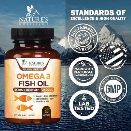 Omega 3 Fish Oil Supplements - 2400mg Fish Oil Per Serving - Triple Strength Omega-3 with EPA & DHA Fatty Acids - Natural Heart, Brain & Immune Support - Wild Caught, Bottled in USA - 60 Softgels