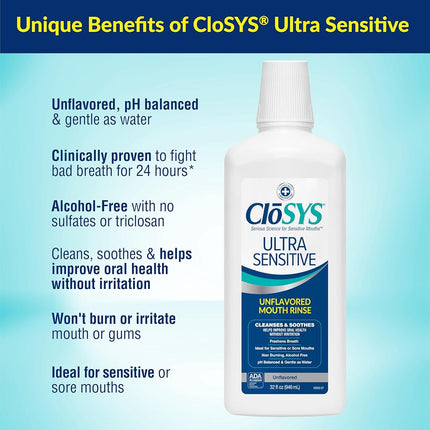 CloSYS Ultra Sensitive Antimicrobial Mouthwash, 32 Fl Oz (2 Count), Unflavored (Optional Flavor Dropper Included), Alcohol Free, pH Balanced, Helps Soothe Sensitivity, Kills Germs that Cause Bad Breath