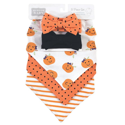 Hudson Baby Juego de babero y diadema o gorros de algodón unisex para bebé, calabaza de niña, talla única