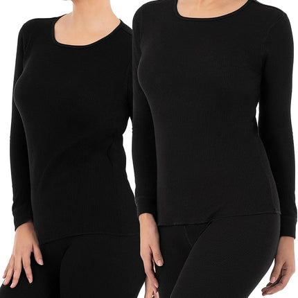 Fruit of the Loom Women's Micro Waffle Premium Thermal Underwear Tee Shirt Pajama Top, Black/Black, Large
