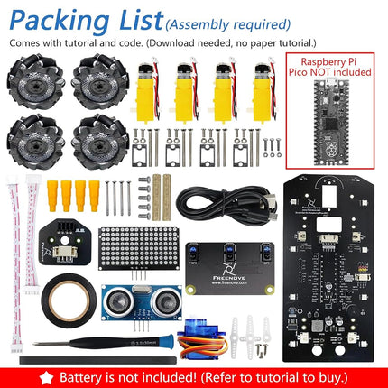 Freenove Mecanum Wheel Car Kit for Raspberry Pi Pico (Not Included) (Compatible with Arduino IDE), Dot Matrix Expressions, Obstacle Avoidance, Line Tracking, Light Tracing, Colorful Light, App
