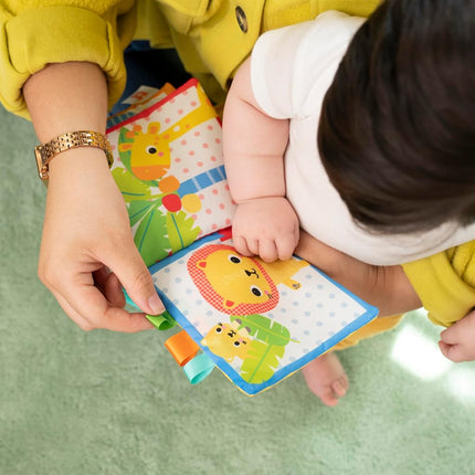 Bright Starts Safari Buddies Baby Soft Book Stroller Toy, Crinkle Plush Pages with Lion, Monkey, Elephant & More, Baby's First Book, Unisex, Ages 0+