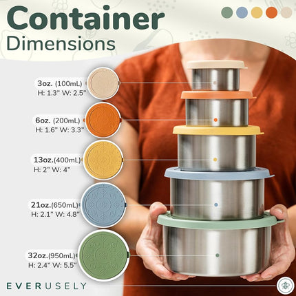Everusely Stainless Steel Containers with Lids, Leakproof Stainless Steel Lunch Containers, Stackable Stainless Steel Food Containers with Lids, Metal Food Containers with Lids, Snack Containers