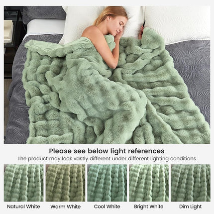 Cozy Bliss Faux Fur Throw Blanket for Couch, Bubble Plush Blanket Twin Size, Fuzzy Soft & Thick Blanket for Bed Sofa Living Room, 152.4 x 203.2cm Sage Green