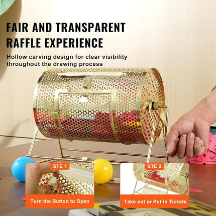 VEVOR Raffle Drum, 11.6 x Ø7.48 inch Brass Plated Raffle Ticket Spinning Cage, Holds 2500 Tickets or 100 Ping Pong Balls, Metal Lottery Spinning Drawing with Wooden Turning Handle, for Bingo Ballot Pa
