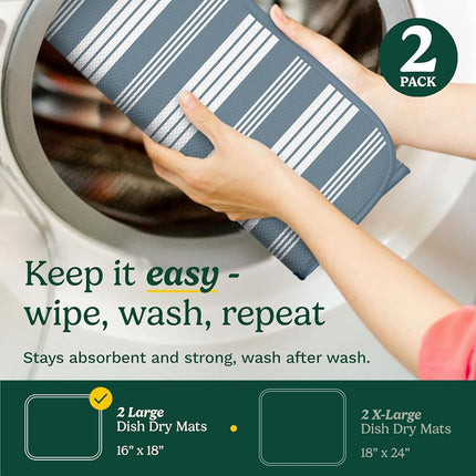 Cuisinart Dish Drying Mats for Kitchen Counter - (2) 16" x 18" Ultra Absorbent Kitchen Dish Drying Mat - Mesh Backing, Foldable, Machine Washable, Fast Drying Dish Mat (Solid Stripes)
