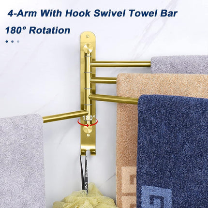 NearMoon Swivel Towel Rack, 13.8" Thicken 304 Stainless Steel 4-Arm Towel Bar, Space Saving Wall Mounted Towel Holder with Hook, Rustproof Swing Out Towel Hanger for Bathroom, Kitchen (Brushed Gold)