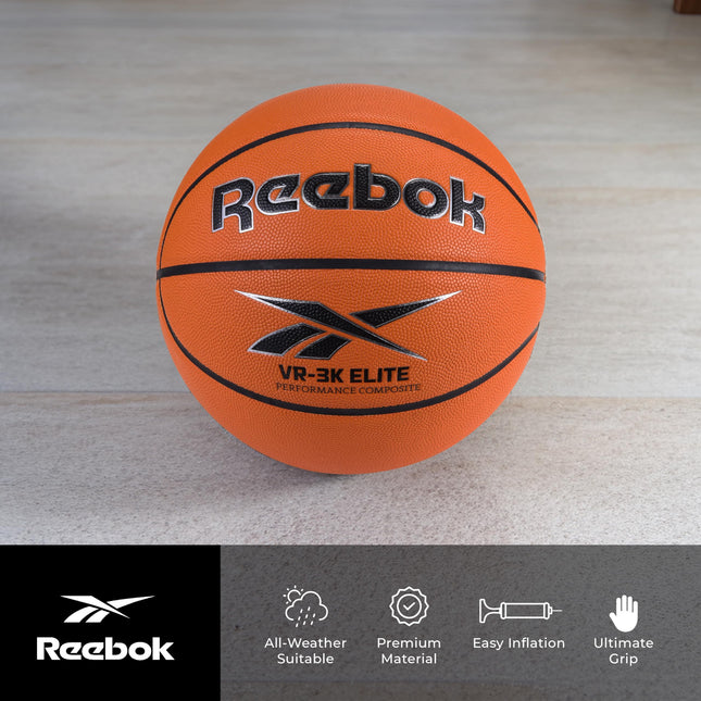 Reebok Hi Vis Elite Basketball, Official Size, Composite Leather, Anti-Slip Grip, Consistent Shape Retention, Includes Pump & Needle, VR-3K Series