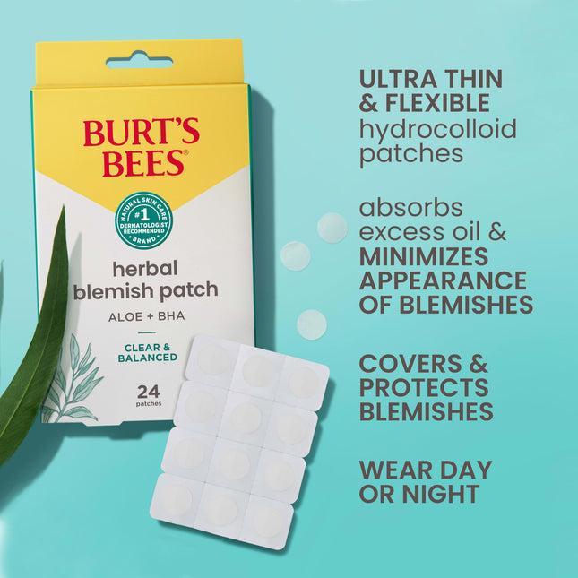 Burt's Bees 24 Parches Herbales para Imperfecciones con Extracto Fermentado de Sauce y Aloe Vera - Tratamiento Calmante para Granos - 100% Natural