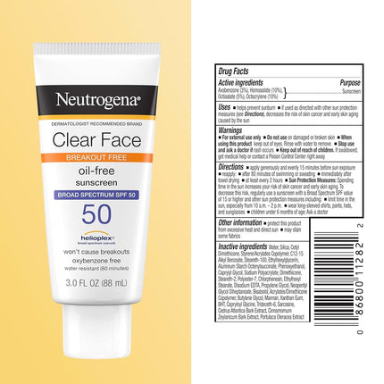 Neutrogena Clear Face Liquid Lotion Sunscreen for Acne-Prone Skin, Broad Spectrum SPF 50 UVA/UVB Protection, Fragrance & Oxybenzone Free Facial, Non-Comedogenic, Unscented, 3 Fl Oz
