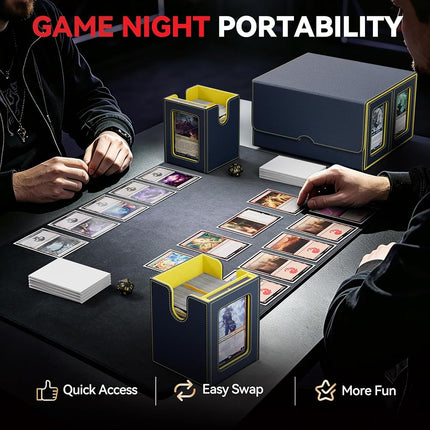 Card Deck Box for MTG with Commander Display, 5 in 1 Card Storage Box Fits 400+ Double-sleeved Cards, Removable Deck Case for TCG/Sports Cards with Dice Tray, 4 Magnetic Card Holders (Blue Yellow)