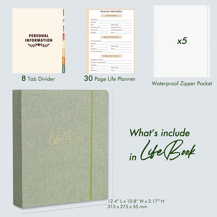 Ampleer Life Book Document Organizer Folio, End of Life Planner 3 Ring Binder for 8.5x11" Important Papers, Aesthetic Linen In Case If I Die File Folder (Sage)