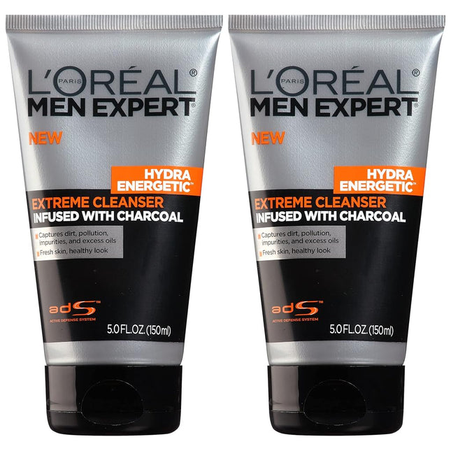 L'Oreal Paris Skin Care Men's Expert Hydra Energetic Charcoal Cream Cleanser, 2 Count