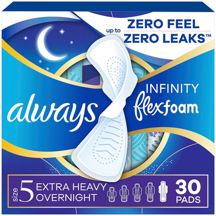 Always Infinity Feminine Pads for Women, Flexfoam Pads with Wings, Size 5, Extra Heavy Overnight Absorbency, Unscented, 30 Count