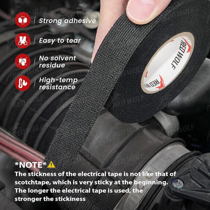 RED Wolf Wire Harness Tape 1'' 50 FT High Temp Wiring Loom Harness Self-Adhesive Felt Cloth Electrical Tape for Automotive Engine Electrical No Residue Fabric Insulated Black 5 Rolls RWF-JB02-1243-5P