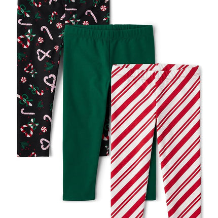 The Children's Place Leggings Assortis Quotidiens à Enfiler pour Bébé Fille et Fillette, Lot de 3 Noël Canne à Sucre, 3T