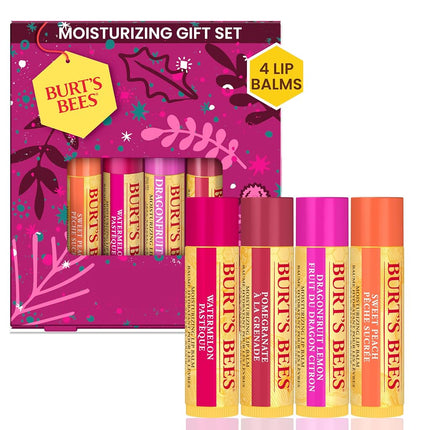 Set de regalo de bálsamos labiales Burt's Bees, paquete múltiple de bálsamos labiales, melocotón dulce, sandía, granada y limón con pitahaya, 4x4.25g