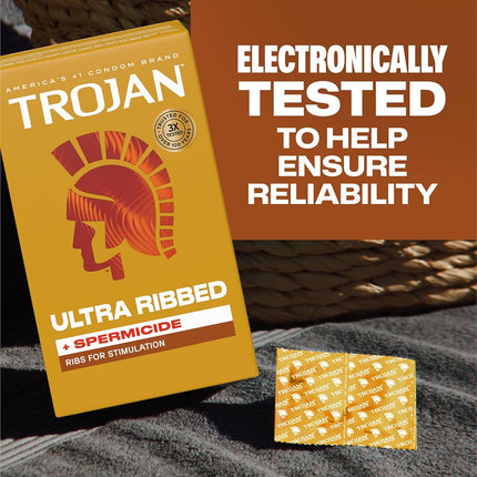 Trojan Condom Stimulations Ultra Ribbed Spermicidal, 12 Count