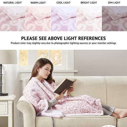 Couverture chauffante Beautyrest Ultra Soft Sherpa Berber Fleece Electric Poncho Wrap Blanket avec arrêt automatique, 50 po x 64 po, Blush Lattice