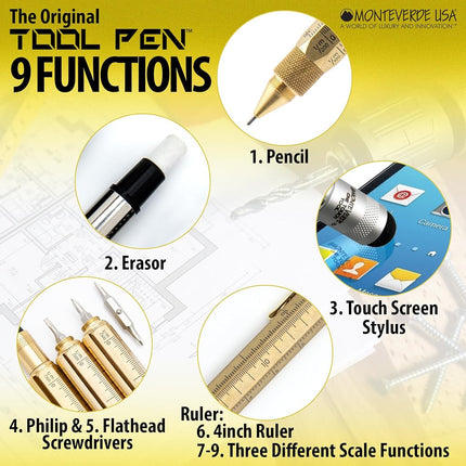 MONTEVERDE USA 9-in-1 Tool Mechanical Pencil in Brass – Hand-Machined Multifunctional Pencil with Stylus, Screwdrivers, Ruler, and Eraser – Exclusive Collection Ideal Engineers