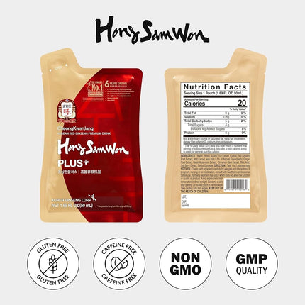 CheongKwanJang [Hong Sam Won Plus - Korean Ginseng Drink] Korean Red Panax Ginseng Extract Drink - Increase Productivity, Improve Blood Circulation & Brain Function - 30 Pouches