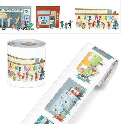 Carson Dellosa All are Welcome 65Ft Celebrate Diversity Bulletin Board Borders, 1 Roll of All are Neighbors Trim for Rolling Whiteboard, Cork and Posterboard, Office Decorations, and Classroom Decor