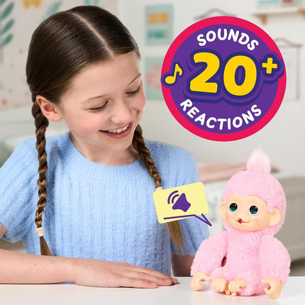 Little Live Pets Baby Monkey Minis – Luna Lemon. Interactive Pet Toy. 20+ Sounds & Reactions. Soft Pink Fur. 7.4" Tall. Feed, Nurture. React. Grippy Hands & Feet. Collect All 3