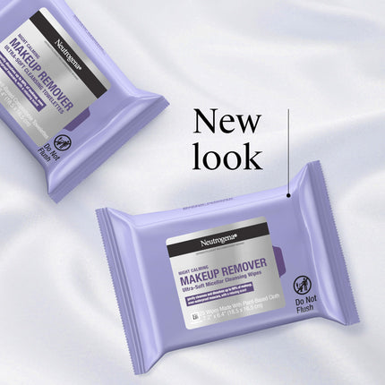 Toallitas desmaquillantes calmantes nocturnas Neutrogena, toallitas faciales desechables para la noche para eliminar la suciedad, el aceite y el maquillaje, 25 unidades, paquete doble
