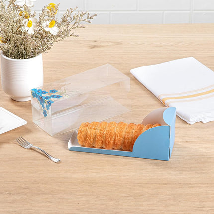 Restaurantware-7 Inch x 2.5 Inch Clear Dessert Boxes, 100 Blue Paper Sleeve Transparent Candy Boxes - Flower Accent, No Grease Lining, Clear Plastic Clear Favor Boxes, Crack Resistant, Disposable