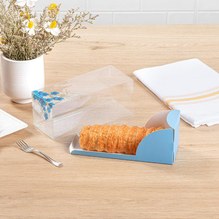 Restaurantware-7 Inch x 2.5 Inch Clear Dessert Boxes, 100 Blue Paper Sleeve Transparent Candy Boxes - Flower Accent, No Grease Lining, Clear Plastic Clear Favor Boxes, Crack Resistant, Disposable