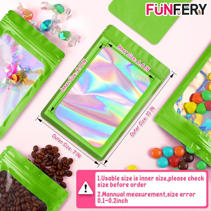 Funfery 100 Pack Resealable Bags Clear Holographic Bags,Smell Proof Packaging Baggies,Mylar Food Storage Bag,Zipper Sealing Pouch for Coffee Beans,Cookies,Jewelry Sample Small Business(Green,7x10in)
