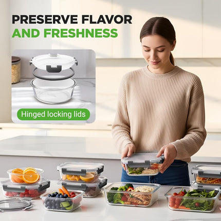 NutriChef Glass Food Storage Containers with Lids – 12-Pack Leak-Proof Meal Prep Containers, BPA-Free, Freezer-to-Oven & Dishwasher Safe, Airtight, Stackable (Grey)