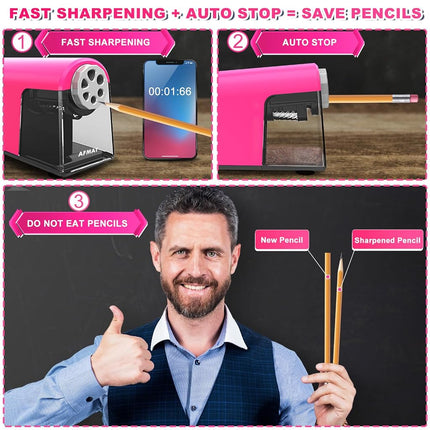 Heavy Duty Electric Pencil Sharpener, 6 Holes, Auto Stop AFMAT Pencil Sharpener for School, Classroom for 6-11mm Pencils, 7000 Sharpening Times, Pink