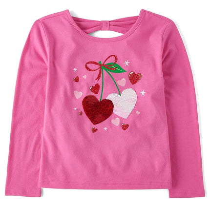 The Children's Place Girls' Long Sleeve Graphic Top with Back Detail, Cherry Hearts, Small
