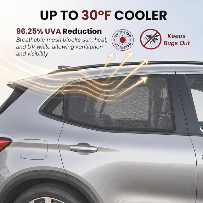 XL/Car Side Window Shades for SUV. 8 Sizes/2 Pack. Stretch-to-Fit Mesh for Rear Windows Up to H:20" x W:46". Sun, Heat & Bugs Protection, Blocks 96% UVA. Camping Windows Screens | Qualizzi®