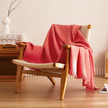 Simple&Opulence Jeté de lit en mousseline de coton 4 couches pour lit et canapé Couverture en gaze tissée avec pompons Douce Légère Confortable Prélavée Respirante Décoration de ferme pour toutes les saisons