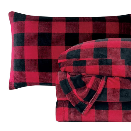 Elegant Comfort Luxuriously Soft 4-Piece Velvet Plush Flannel Sheet Set - Premium Quality - Cozy Warm, Anti-Static, Non Pilling Fuzzy Velvet Flannel Fleece Deep Pocket Sheet Set - Twin, Buffalo Red