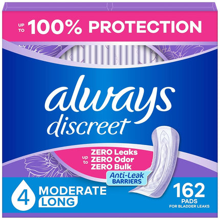 Always Discreet Adult Incontinence Pads for Women, Moderate Absorbency, Long Length, Postpartum Pads, 162 CT