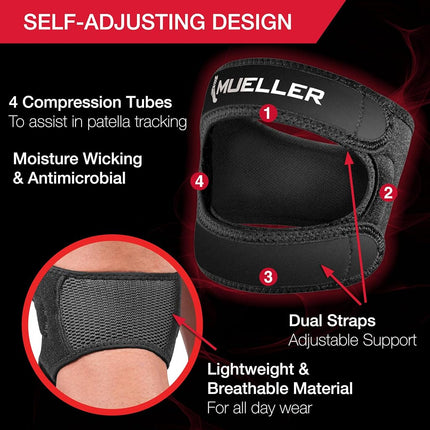 MUELLER Sports Medicine Adjustable Max Knee Single Strap, Knee Pain Relief Support for Men and Women, Ideal for Osgood-Schlatter's, Runner's Knee, Patellar Tendinitis, Black, Small/Medium