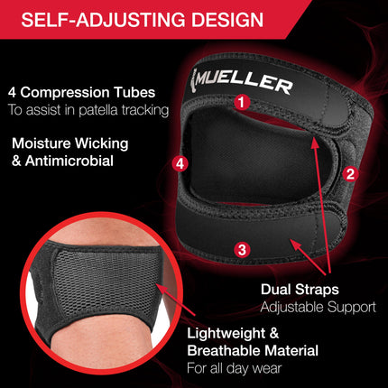 MUELLER Sports Medicine Adjustable Max Knee Single Strap, Knee Pain Relief Support for Men and Women, Ideal for Osgood-Schlatter's, Runner's Knee, Patellar Tendinitis, Black, Small/Medium