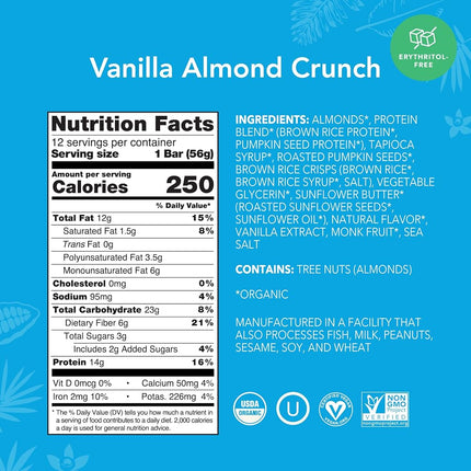 ALOHA Organic Plant Based Protein Bar, Vanilla Almond Crunch, 1.9 oz, 12 Count, Vegan, Gluten Free, Non-GMO, Stevia Free, Soy Free, Dairy Free