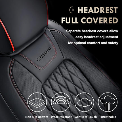 Fundas de asiento de cuero Coverado, juego completo para Ford F150F250F350F450 (2015-2025), fundas impermeables de cojín automotriz para camionetas, ajuste personalizado para F150 SuperCrew y F250-F450 Super Duty Crew Cab (línea roja)