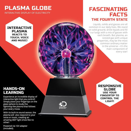 Discovery Kids 6" Plasma Globe Lamp with Interactive Electronic Touch and Sound Sensitive Lightning and Tesla Coil, USB or Battery Power, STEM Lava Lamp Style Light for Desk, Kids Room, and More