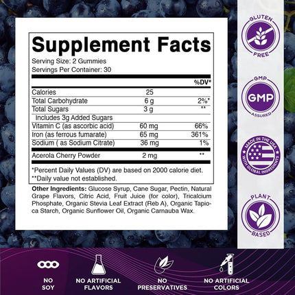 Vitamatic Iron 65 mg Gummies Supplement for Women & Men - 60 Vegan Gummies - Great Tasting Iron Gummy Vitamins with Vitamin C (1)