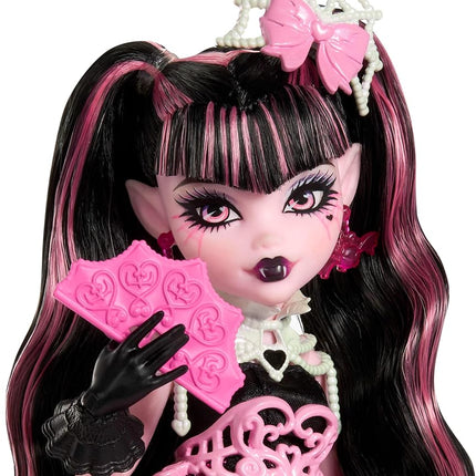 Monster High Scary Sweet Birthday Doll, Draculaura in Pink Party Dress with Themed Accessories Like Invite, Balloon, Gift, Fan and More